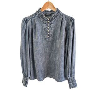 New APNY Ruched Neck Chambray Blouse Long Sleeve Small